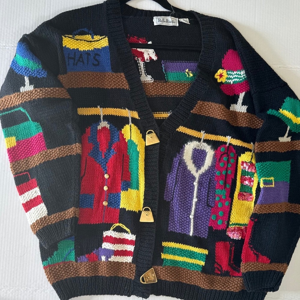 Vtg RARE BellePointe Fashionista Shopping Bag Print Cardigan Sweater Size‎ Large